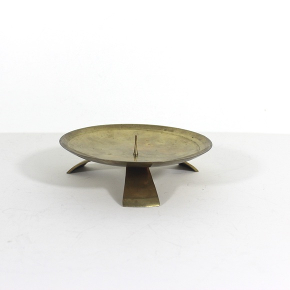 MCM Brass Large Pillar Candle Holder, Mid Century Modern Short, Wide Candle - Picture 4 of 10